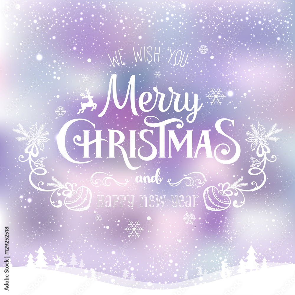 Christmas and New Year typographical on background with winter landscape with snowflakes, light, stars. Xmas card. Vector Illustration