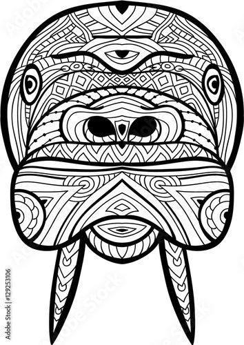 Coloring antistress page. Ferocious Walrus is drawn by hand with