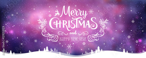 Merry Christmas and New Year typographical on holidays background with winter landscape with snowflakes, light, stars. Vector Illustration. Xmas card