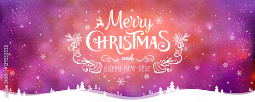 Merry Christmas and New Year typographical on holidays background with winter landscape with snowflakes, light, stars. Vector Illustration. Xmas card