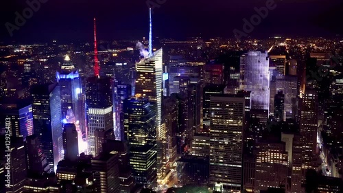 Aerial shot of Manhattan financial district at night