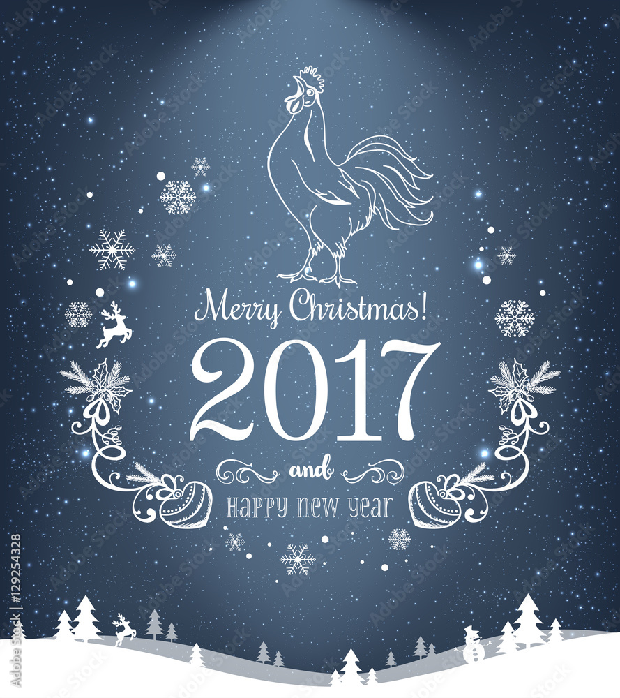 Merry Christmas 2017 and New Year typographical with rooster on holidays background with winter landscape with snowflakes, light, stars. Vector Illustration. Xmas card Merry Christmas 2017 and New Year typographical with rooster on holidays background with winter landscape with snowflakes, light, stars. Vector Illustration. Xmas card