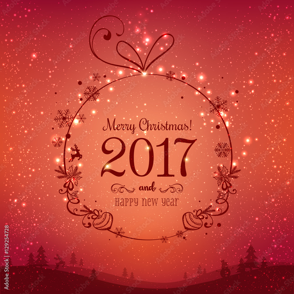 Shiny Xmas ball for Merry Christmas 2017 and New Year on red background with winter landscape with snowflakes, light, stars. Holiday card. Vector eps illustration