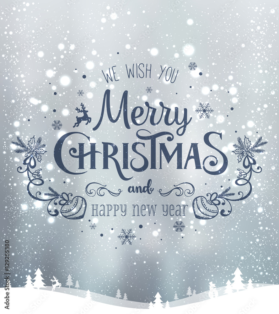 Christmas and New Year typographical on background with winter landscape with snowflakes, light, stars. Xmas card. Vector Illustration Christmas and New Year typographical on background with winter landscape with snowflakes, light, stars. Xmas card. Vector Illustration
