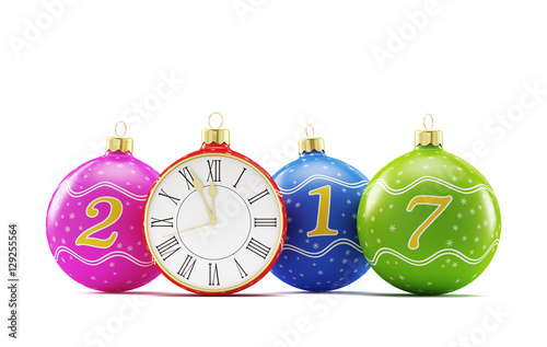 3d render illustration. Christmas balls with toy clock isolated