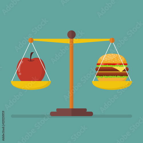 Apple and hamburger on scales