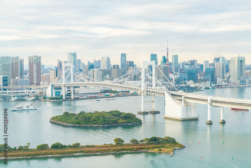 Obraz premium Tokyo skyline with Tokyo tower and rainbow bridge.