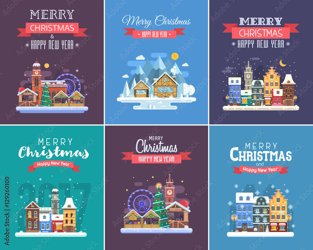 New Year and Christmas greeting cards. Winter holidays congratulation templates in flat design. Christmas and New Year wishing cards with traditional celebration text and winter festive backgrounds.