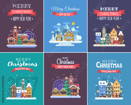 Obraz na płótnie New Year and Christmas greeting cards. Winter holidays congratulation templates in flat design. Christmas and New Year wishing cards with traditional celebration text and winter festive backgrounds. w salonie