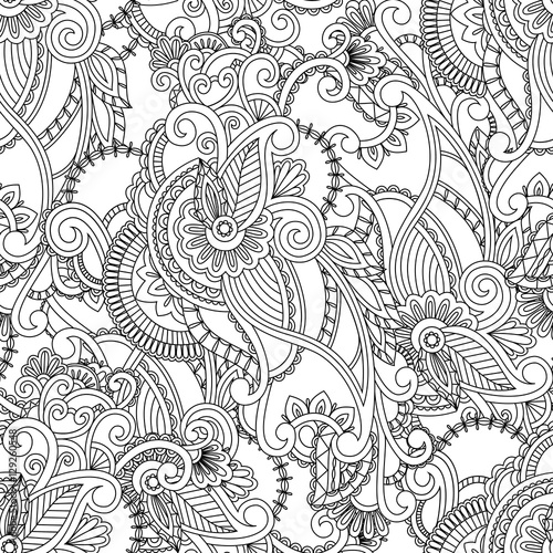 Paisley seamless pattern. Monochrome hand drawn floral motif for coloring page, book, wallpaper, wrapping