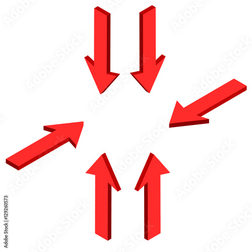 The red arrow in different directions. Pointing in the center. Vector isometric