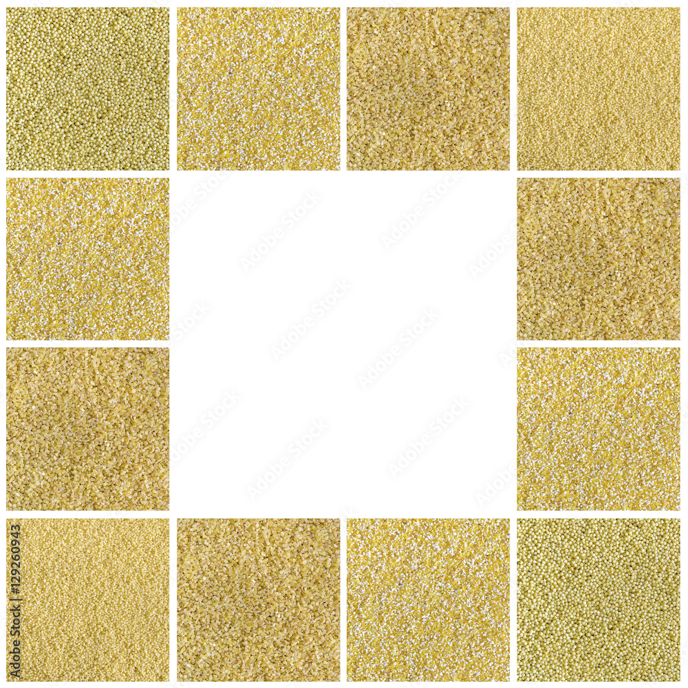 Fototapeta premium Collage consisting of bulgur, millet, cous cous, polenta grains. Food background. Healthy lifestyle concept. Yellow pattern.