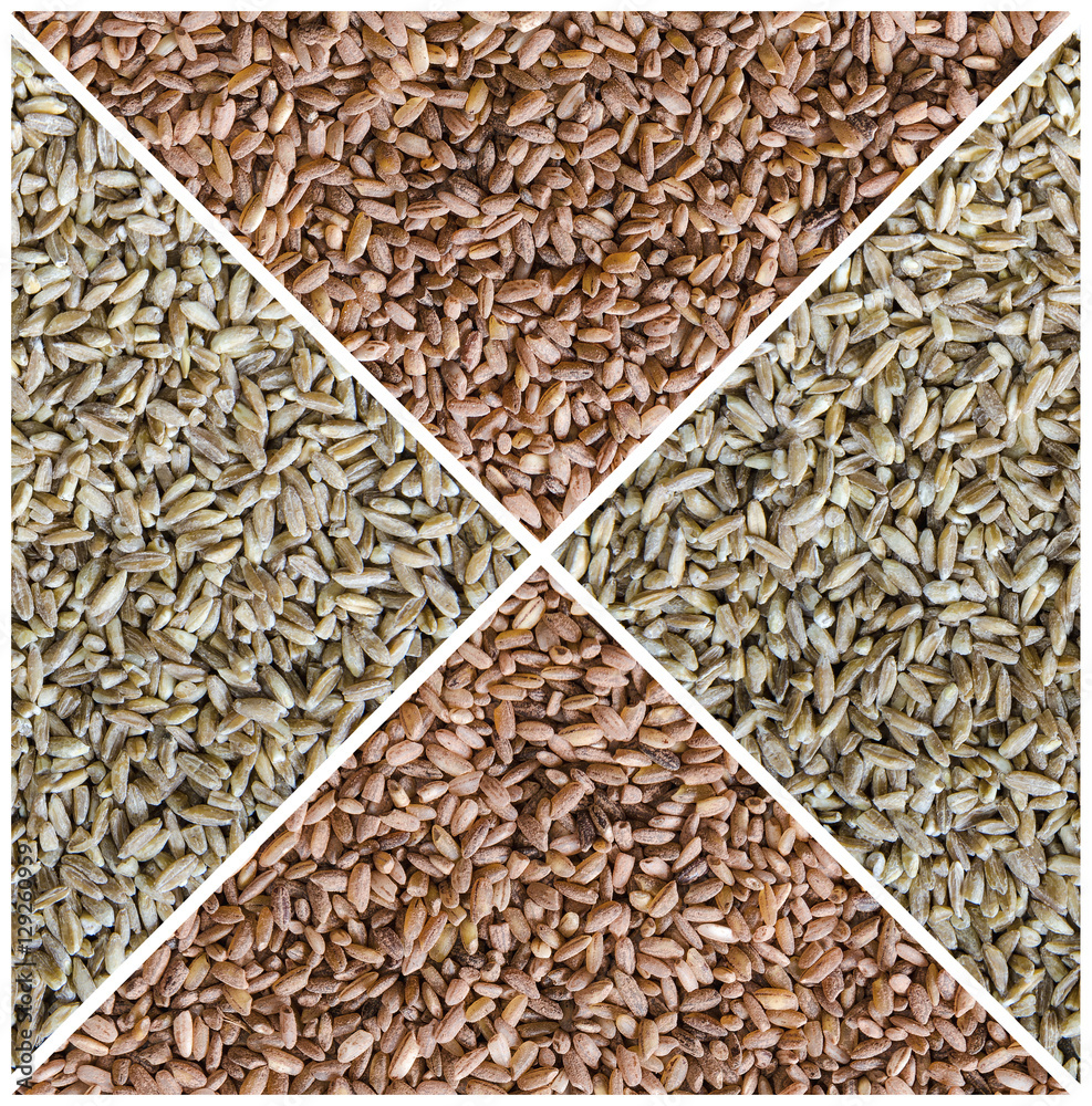 Obraz premium Collage consisting of brown rice with pollen and spelt wheat. Healthy lifestyle concept. Food textured background.