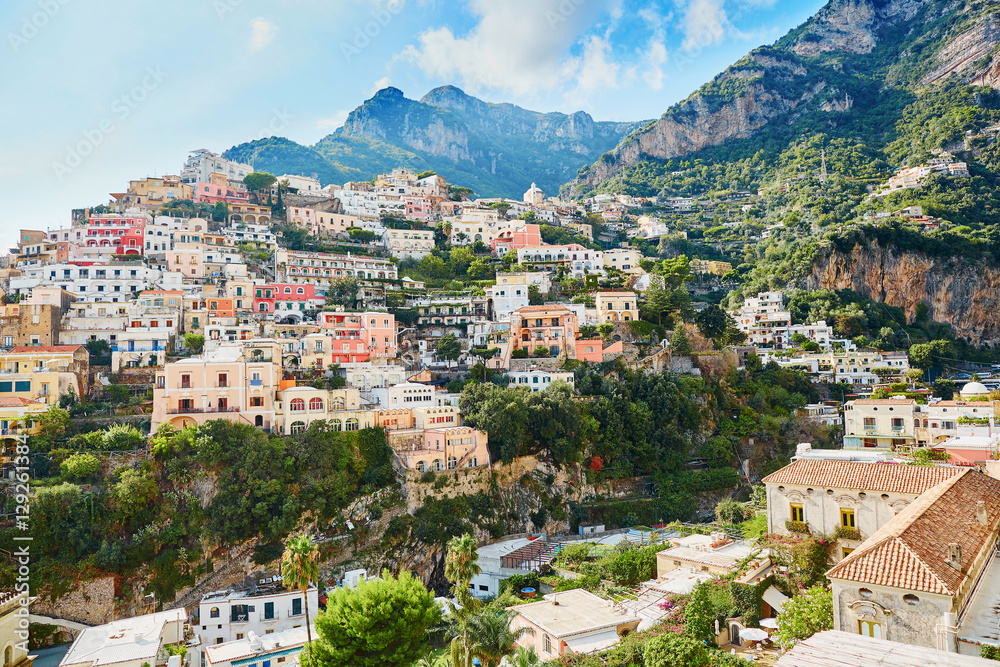 Scenic view of Positano, beautiful Mediterranean village on Amalfi Coast, Italy