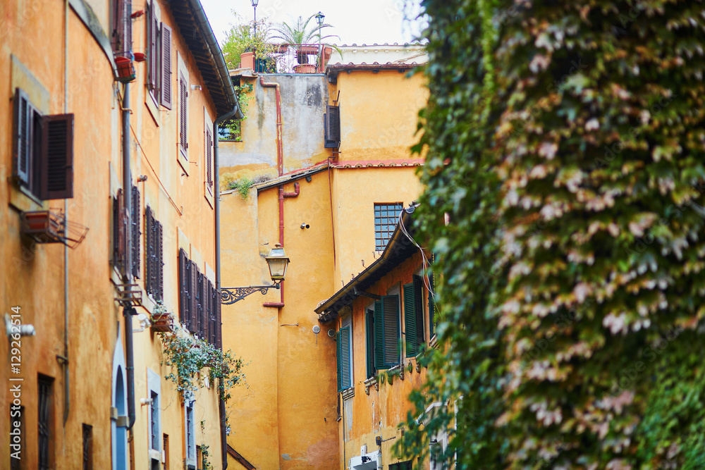 Colorful yellow and orange buildings on a street of Rome