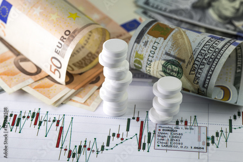 Currency exchange trading worries . Hundred us dollar bills and fifty euro banknotes in background. Currency us eur exchange chart under the bills.  Piles of sedative medical pills.