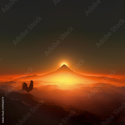 富士山の日の出とニワトリ