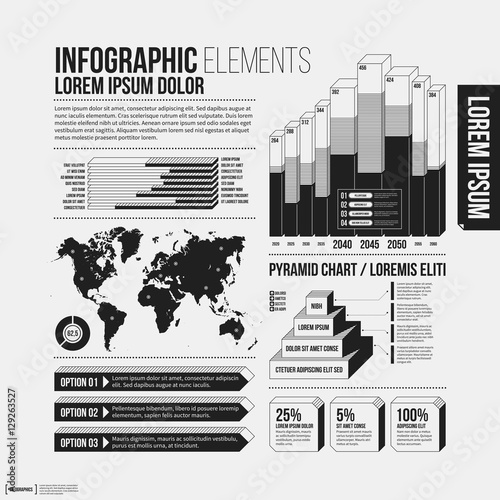 Big set of infographics elements in black and white colors. Monochrome design. Minimalistic style.