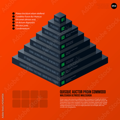 Corporate business pyramid chart template on bright orange background. Useful for presentations and advertising.