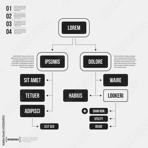 Organization chart template with geometric elements on white background. Useful for science and business presentations.