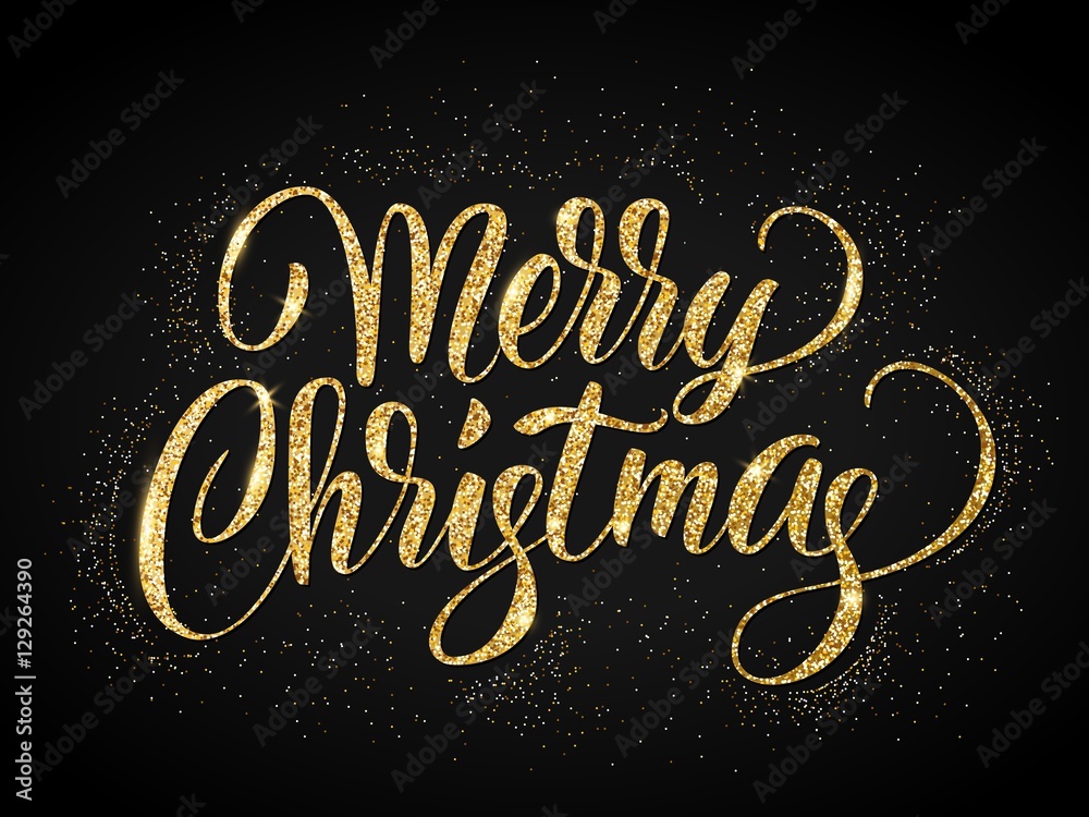 Merry christmas card with golden glitter lettering