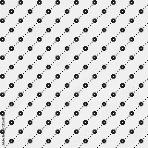 Simple pixelated pattern with monochrome geometric shapes. Useful for textile and interior design. Strict neutral style. © miaoumiaou