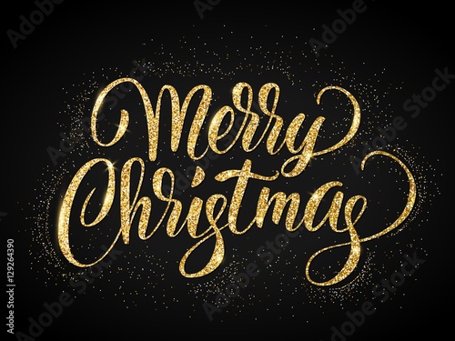 Merry christmas card with golden glitter lettering