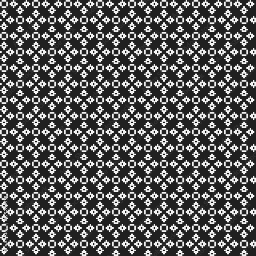 Simple pixelated pattern with monochrome geometric shapes. Useful for textile and interior design. Strict neutral style.