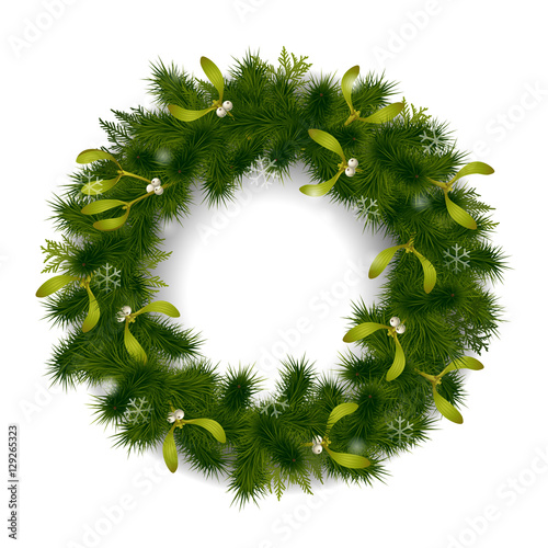 green fir tree Christmas wreath with mistletoe isolated on white