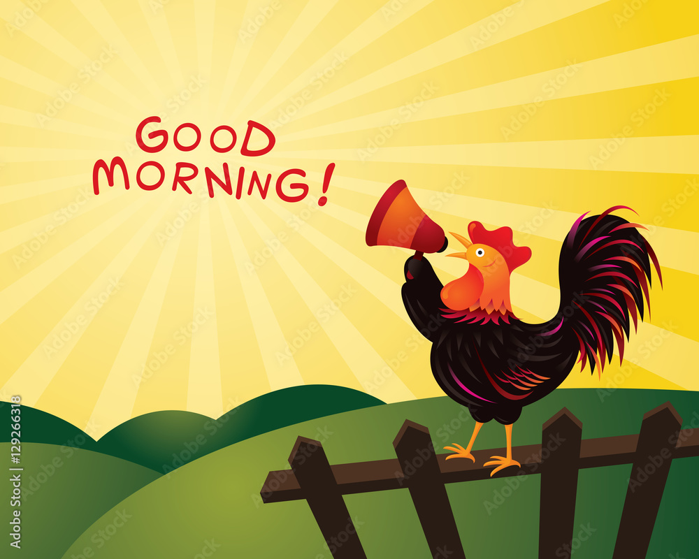 Rooster Crowing and Announcing with Megaphone, Good Morning, Fence