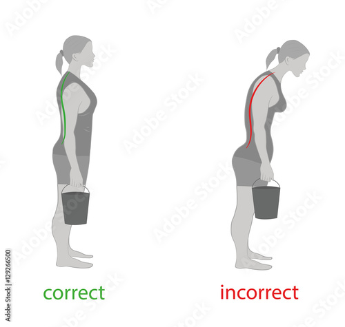 correct and incorrect woman picks up the bucket. medical advice not to injure the spine. vector illustration.