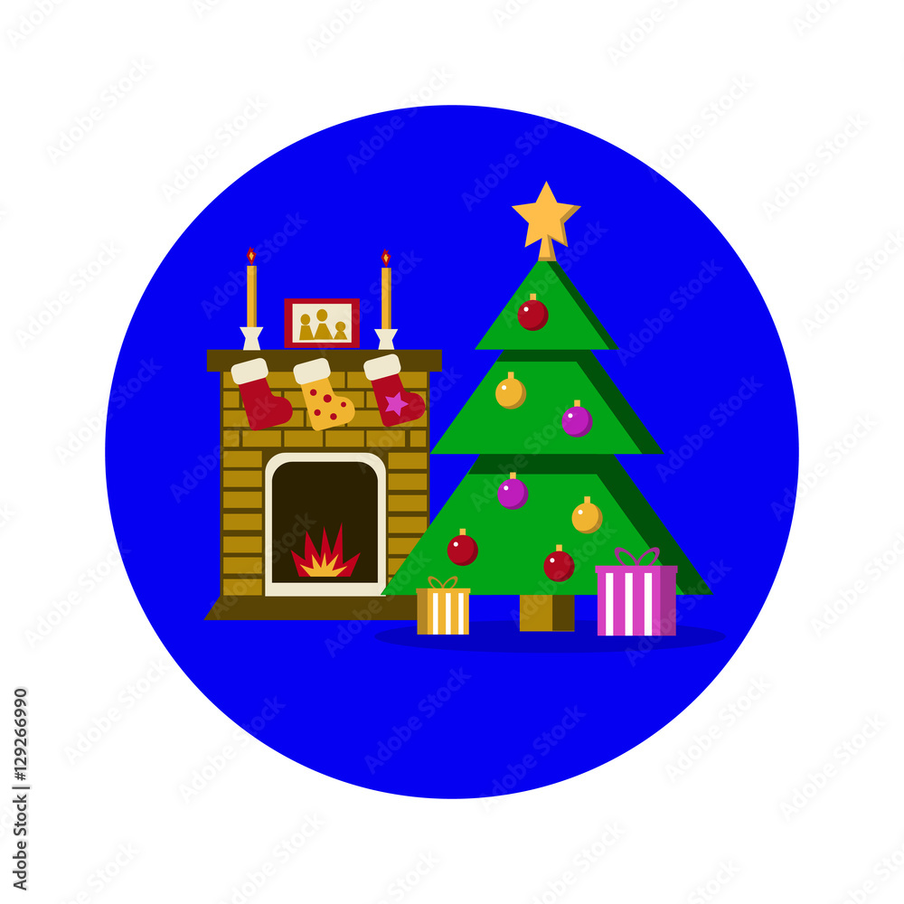 New Year room. Christmas tree with fireplace. Christmas gifts. Vector illustration in flat style.
