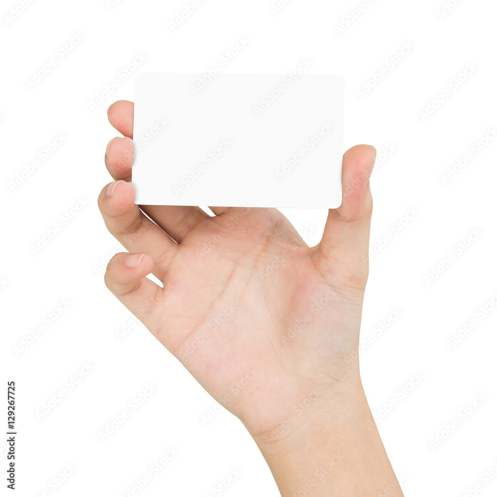 © blackzheep - woman hand holding blank card showing front view isolated on whi