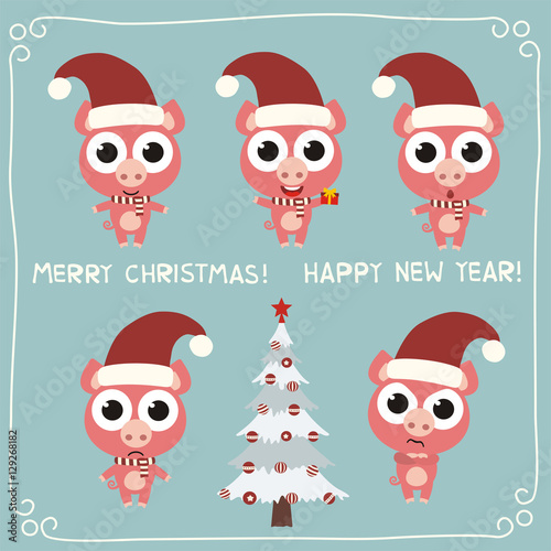 Merry Christmas and Happy New Year! Vector set funny pig in christmas hat. Collection isolated pig with christmas tree.