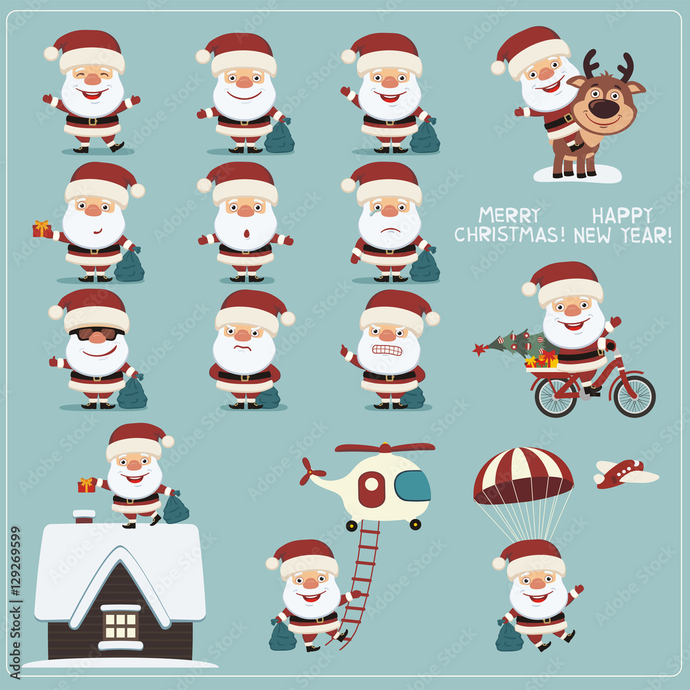 Merry Christmas and Happy New Year! Big set funny Santa Claus in different poses. 
