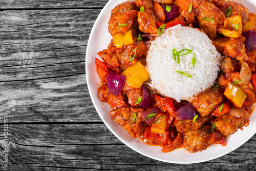 rice with Sweet and Sour fried pork chunks photo