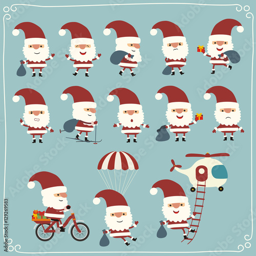 Set funny Santa Claus in different poses. Collection isolated Santa claus in cartoon style.