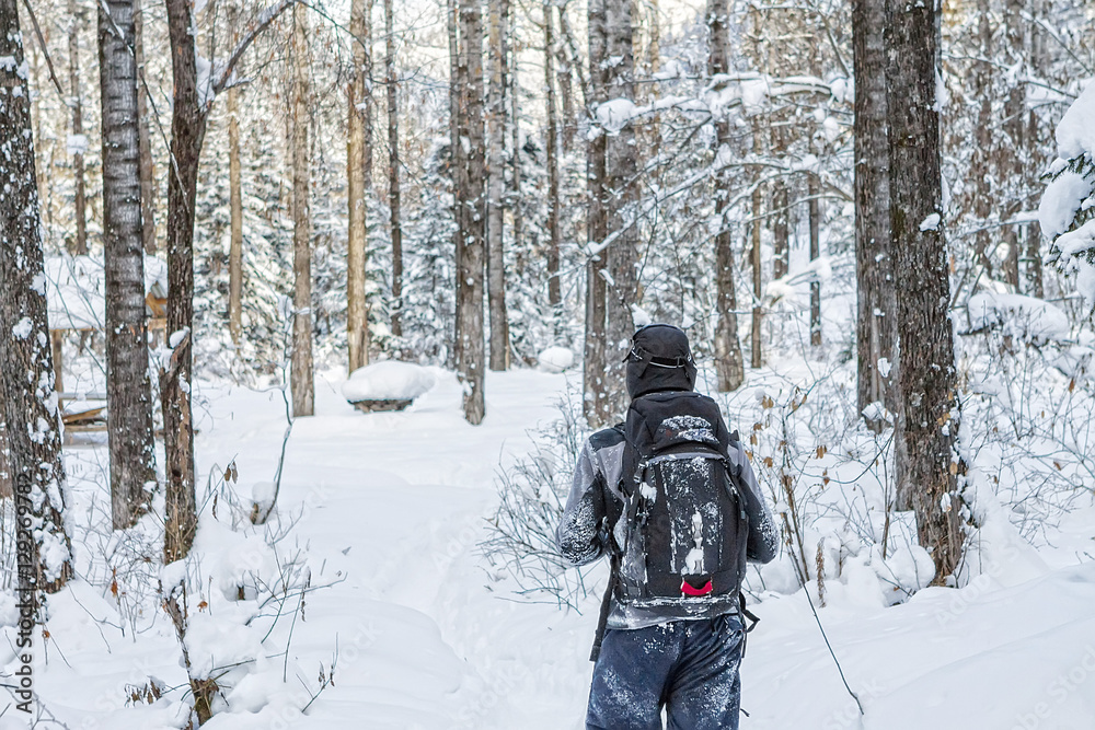 Man backpacker walking on a forest road in the winter forest in
