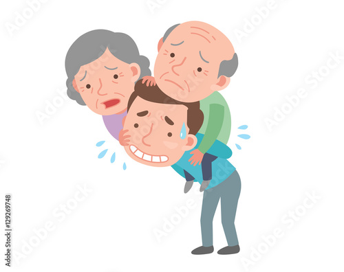 A Man is carrying the parents on back. 
He is sad.