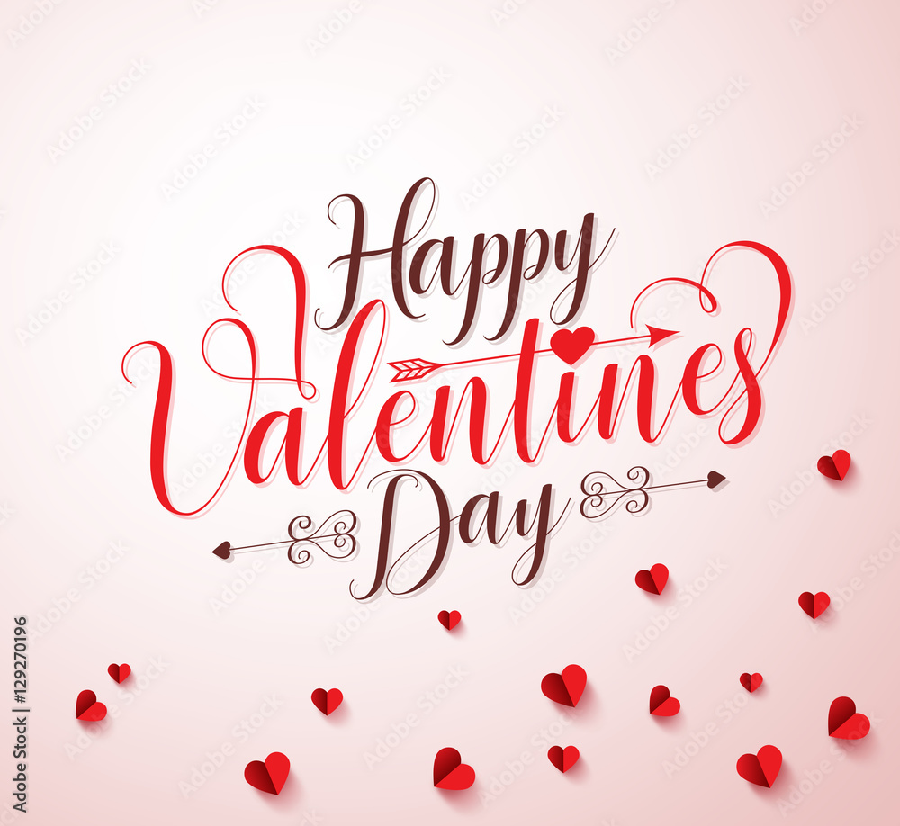 Happy valentines day vector typography or calligraphy with paper cut red hearts elements in white background. Vector illustration.

