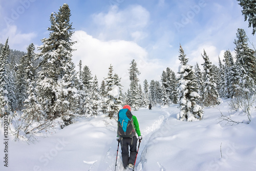 Girl backpacker walking on a forest road in the winter forest in