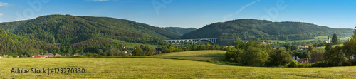 Large panorama landscape with hills. Meadows near the village of Dolni Loucky in Czech Republic. Look to your landscape with the railway bridge.  