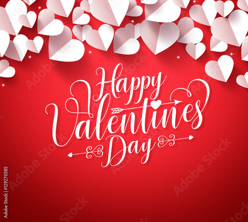 Happy valentines day greetings typography in red background with paper cut white hearts shape decorations. Vector illustration.
