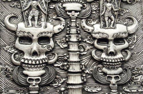 Decorative Art of Lanna Thai silver carving art on temple wall .