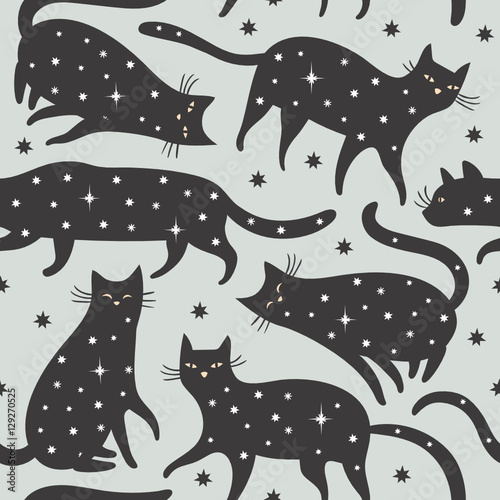 seamless pattern, black cats with stars