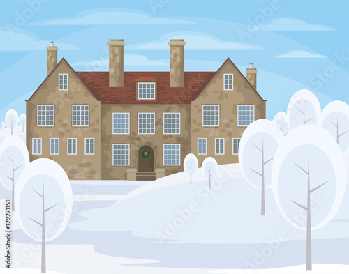 Image of a old English house on a background of a winter landscape. Vector illustration.