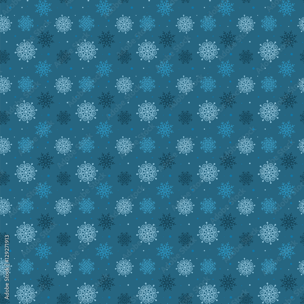 Dark seamless pattern of many light snowflakes on blue backgroun Dark seamless pattern of many light snowflakes on blue backgroun