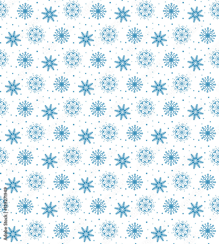 Seamless blue pattern of many snowflakes on white background. Ch