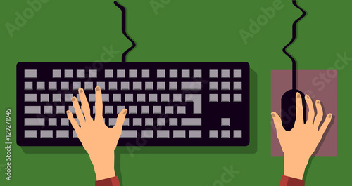 flat keyboard and hand. typing on keyboard and mouse. vector illustration