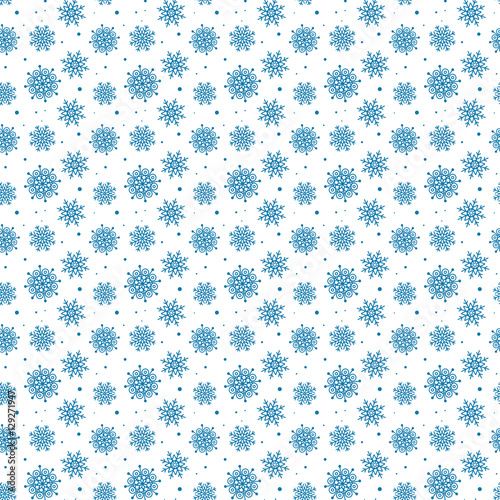 Seamless blue pattern of many snowflakes on white background. Ch